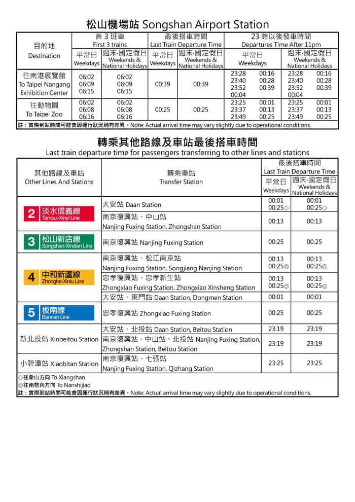 松山機場站首班車/末班車時間表