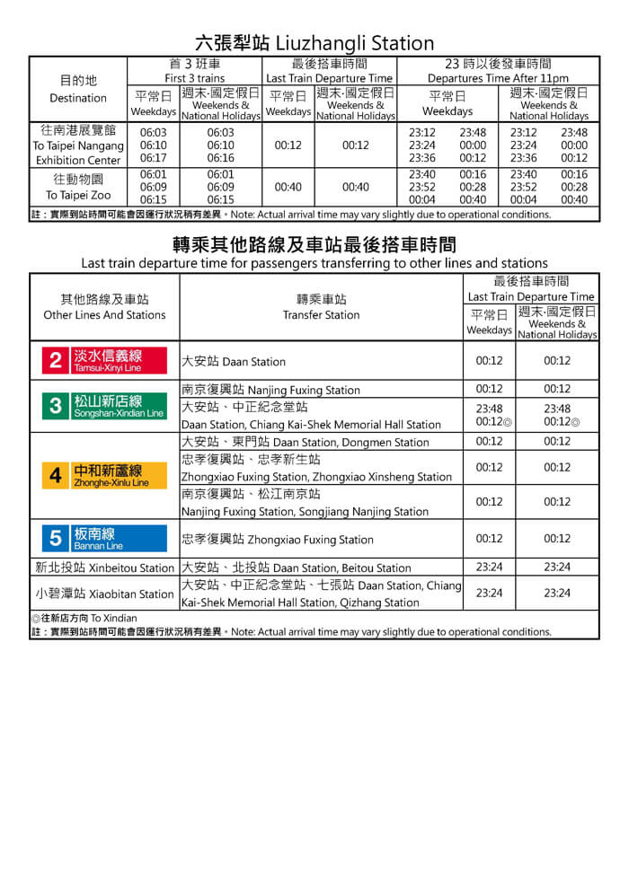 六張犁站首班車/末班車時間表