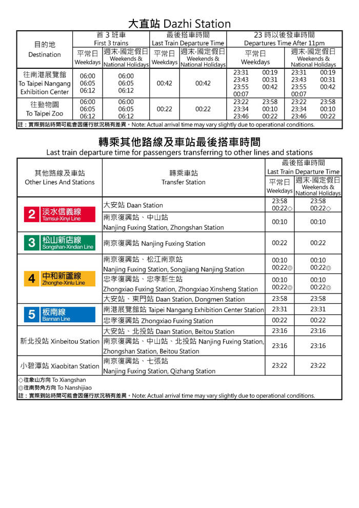 大直站首班車/末班車時間表