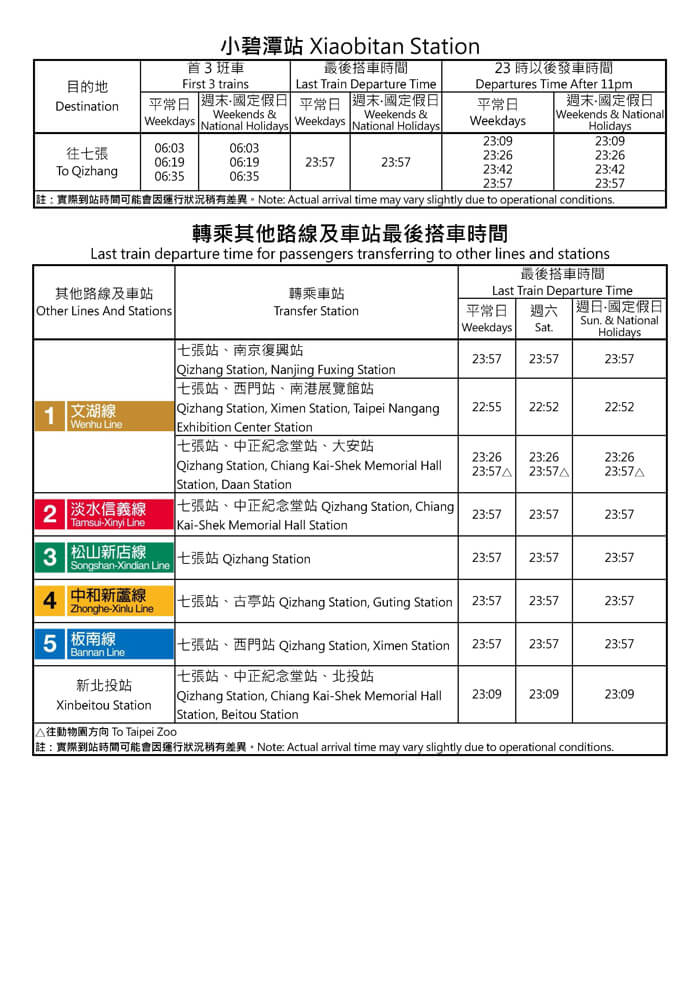 小碧潭站首班車/末班車時間表