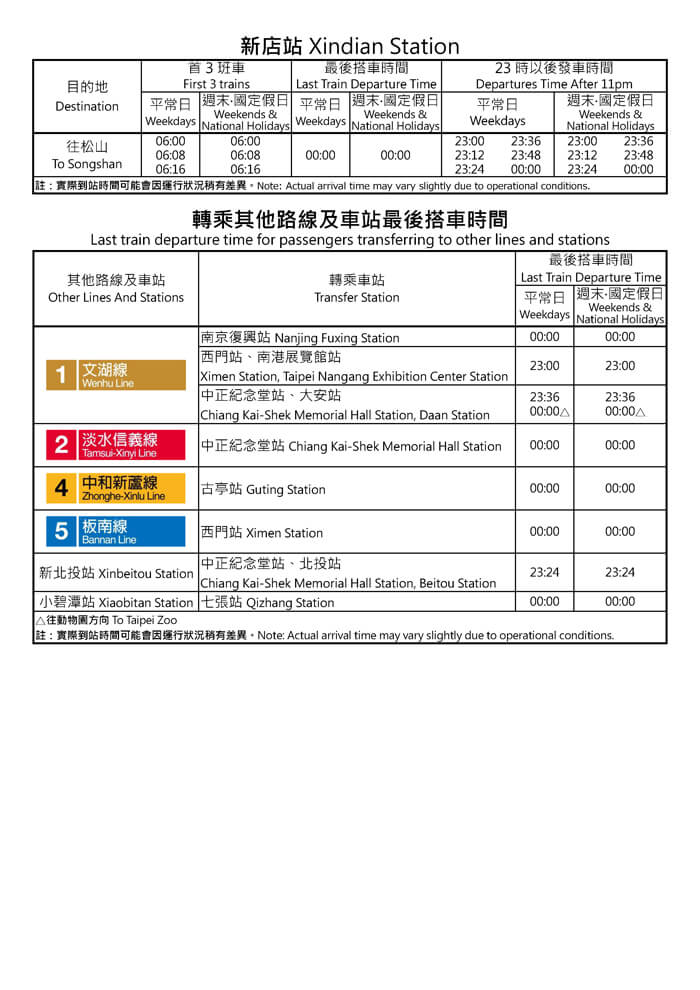 新店站首班車/末班車時間表