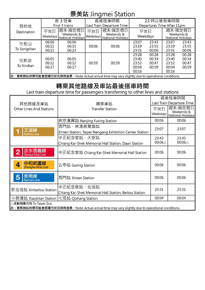 景美站首班車/末班車時間表