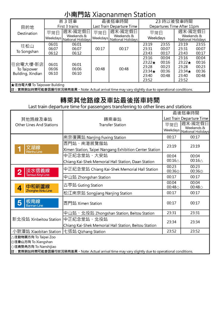小南門站首班車/末班車時間表