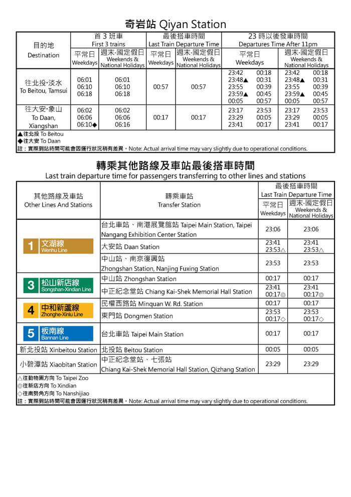 奇岩站首班車/末班車時間表