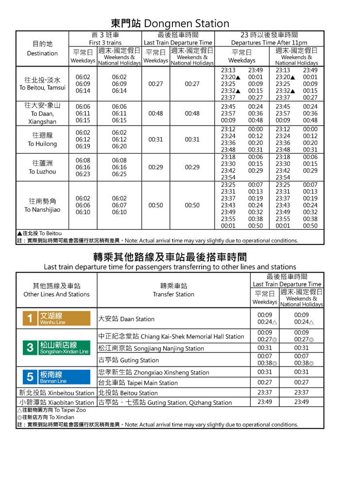 東門站首班車/末班車時間表